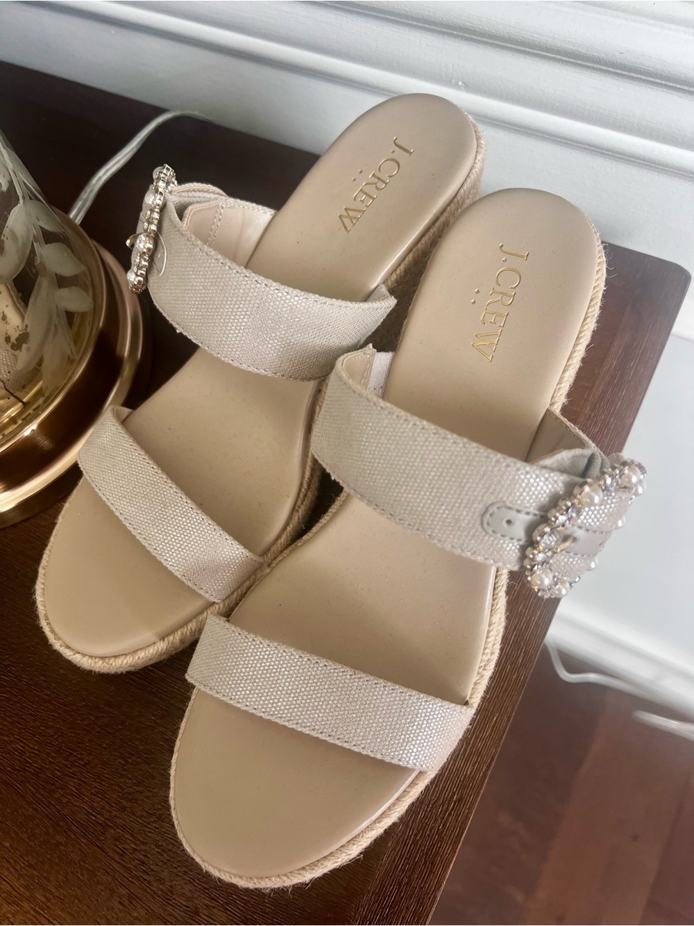 J. Crew Cream Espadrille Wedge Sandals with Jeweled Pearl Buckle - Picture 2 of 4